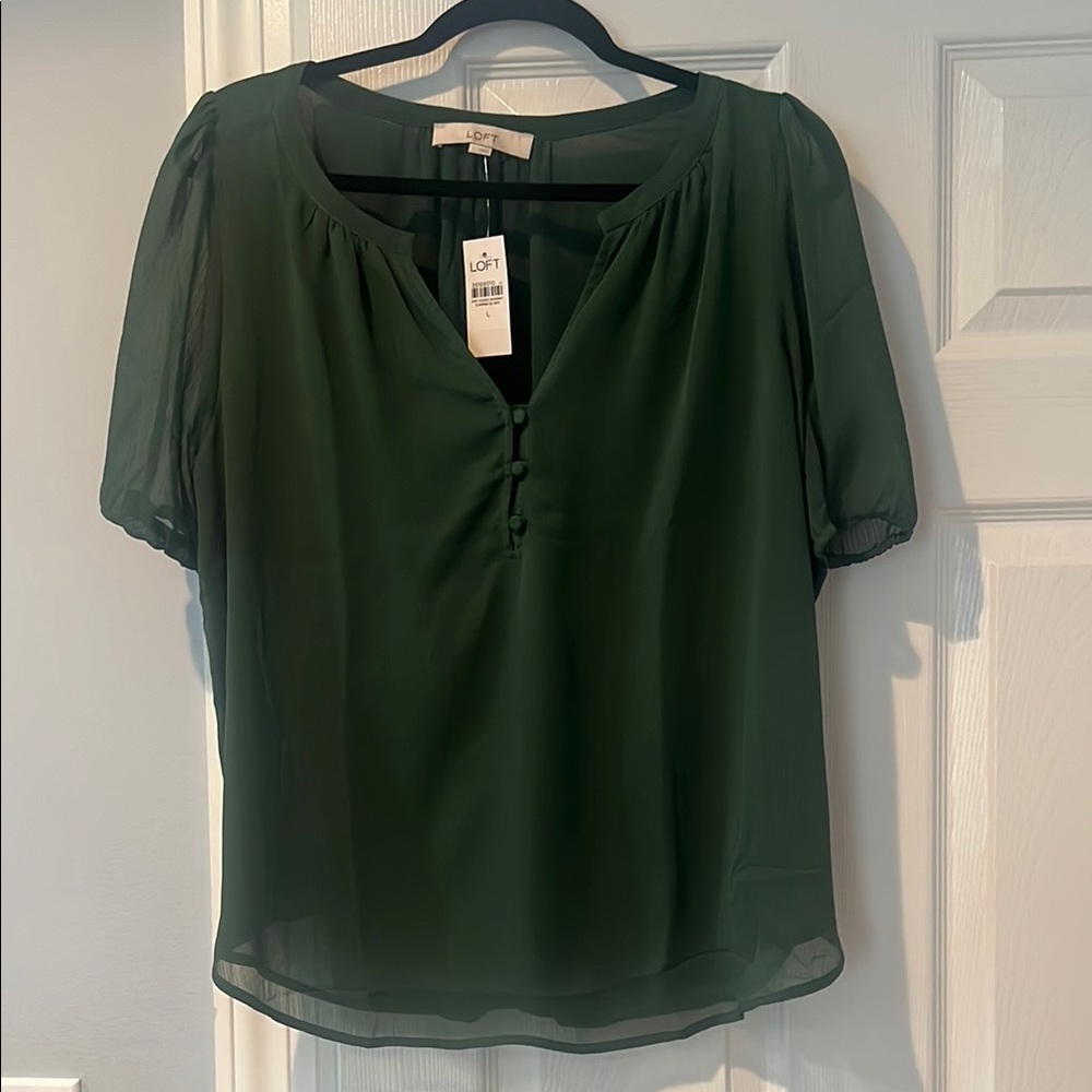 LOFT Green Flutter Sleeve Polo Blouse